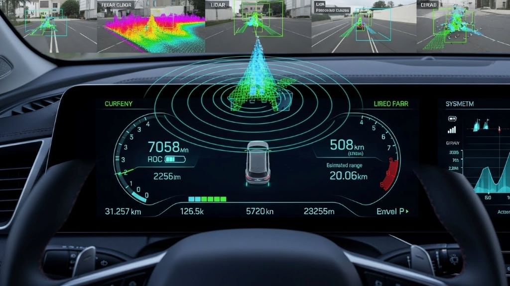 Autonomous vehicle dashboard displaying real-time telemetry data from multiple sensors including LiDAR, cameras, and radar systems
