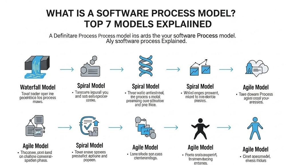 Diagram comparing seven software process models showing workflow phases and iteration patterns