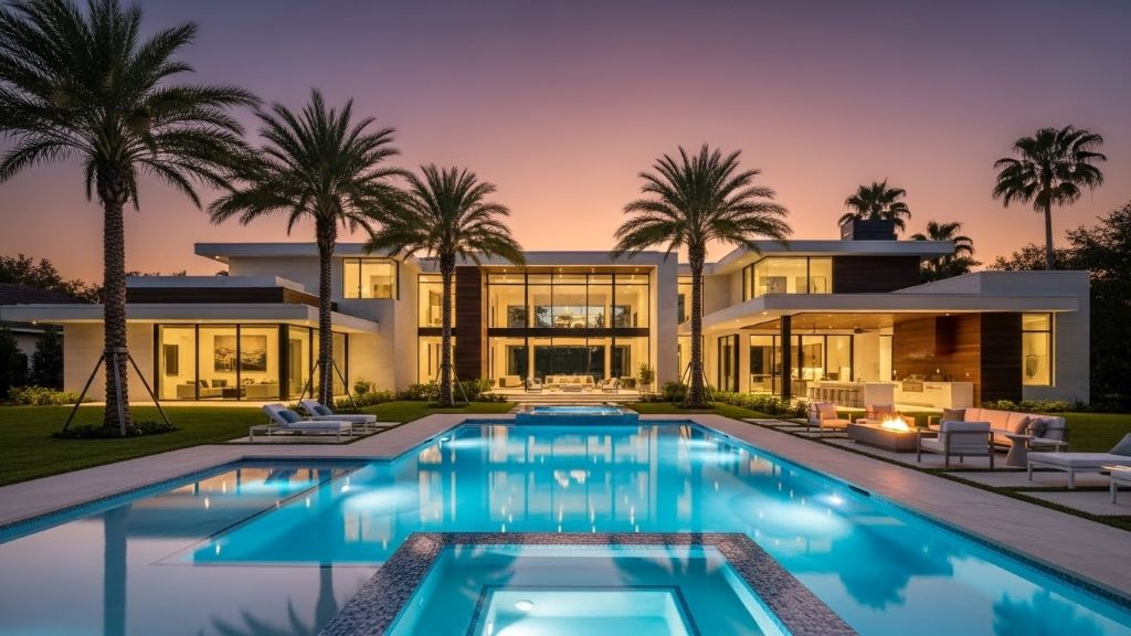 Luxury single-family home in Orlando Florida with palm trees and swimming pool