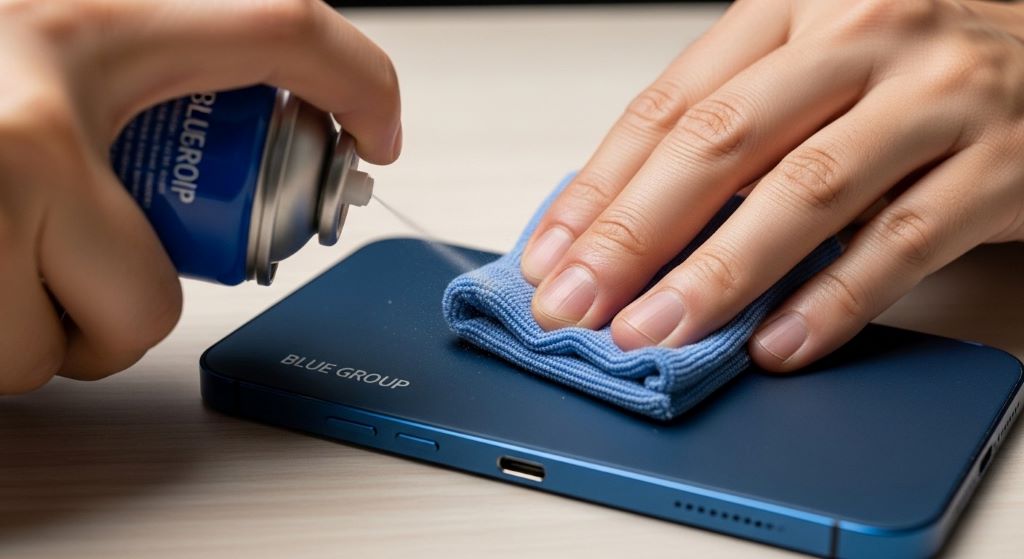 Close-up of hands cleaning Blue Group gadget charging port with compressed air and microfiber cloth