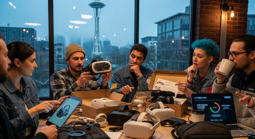 Refurbished VR devices displayed in Seattle gaming setup