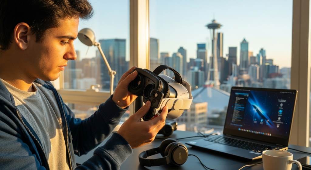 Seattle tech enthusiast using refurbished VR headset indoors