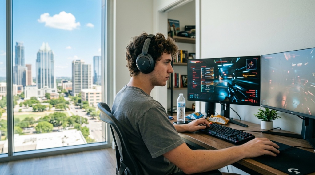 Gamer wearing noise-canceling headphones in a sunny Texas apartment.