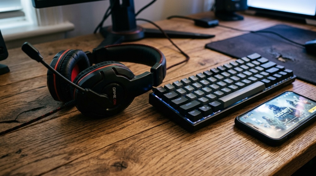 Affordable gaming headset resting on a wooden desk next to a keyboard.
