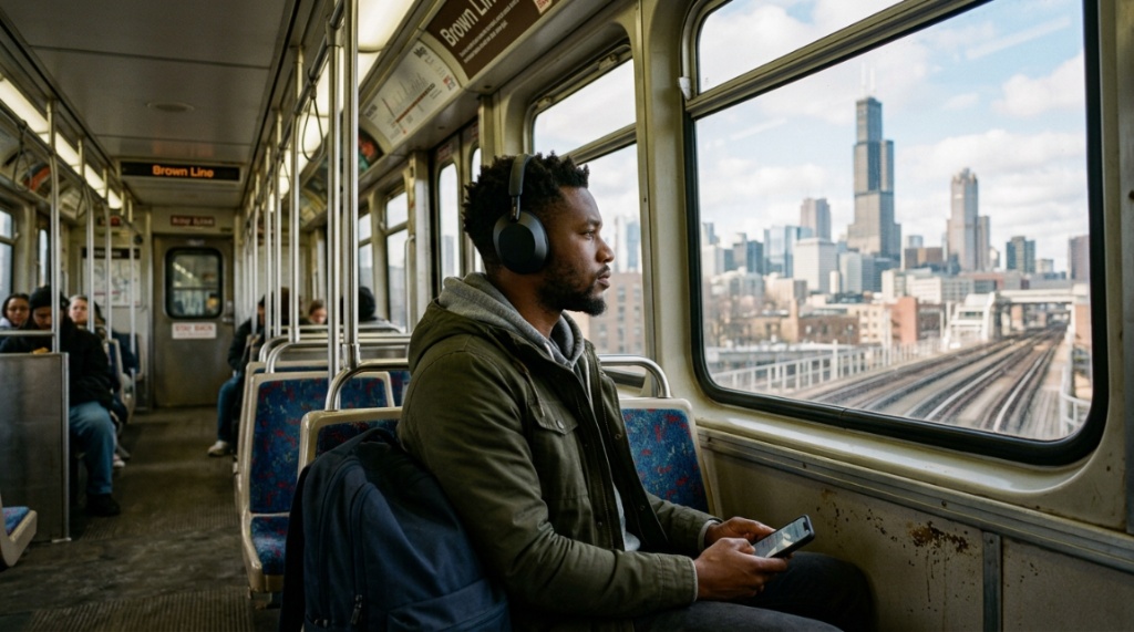 Commuter wearing ANC headphones on a Chicago CTA train.