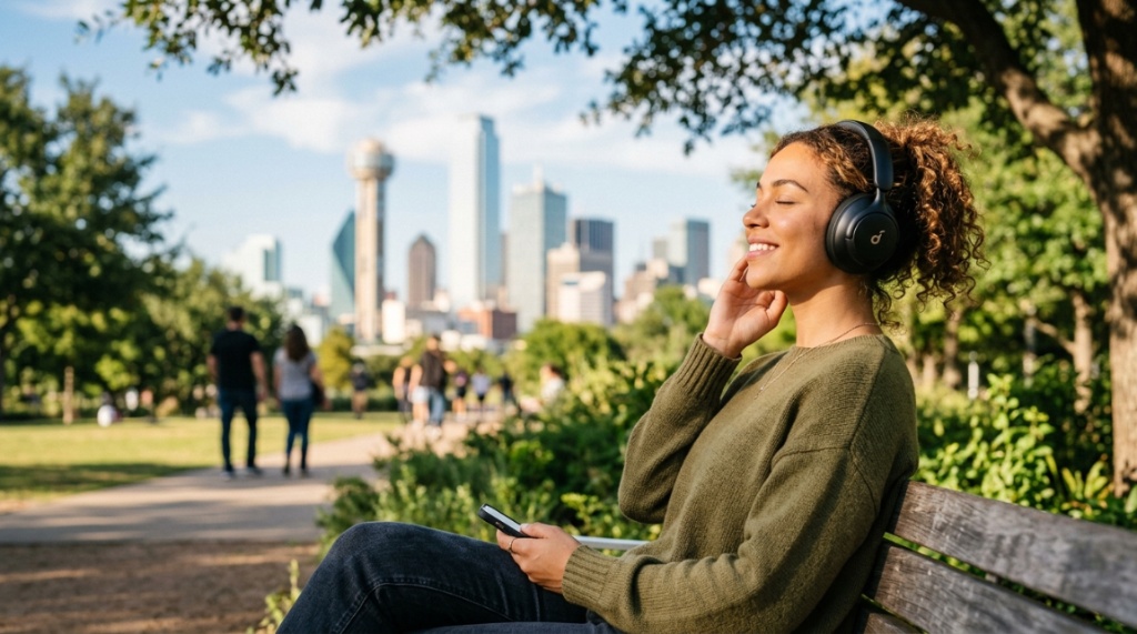 Person testing Soundcore over-ear headphones outdoors in a Texas city park.