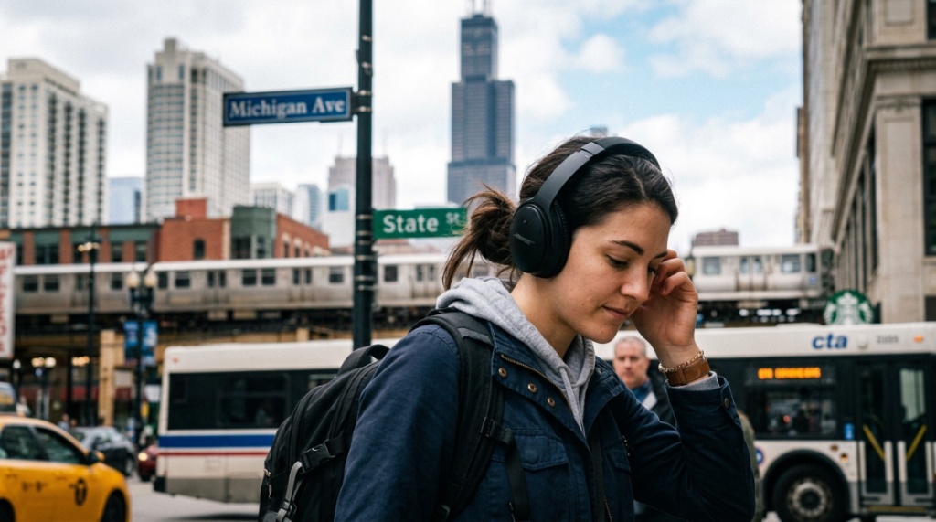 Traveler adjusting noise-canceling headphones on a busy Chicago street.